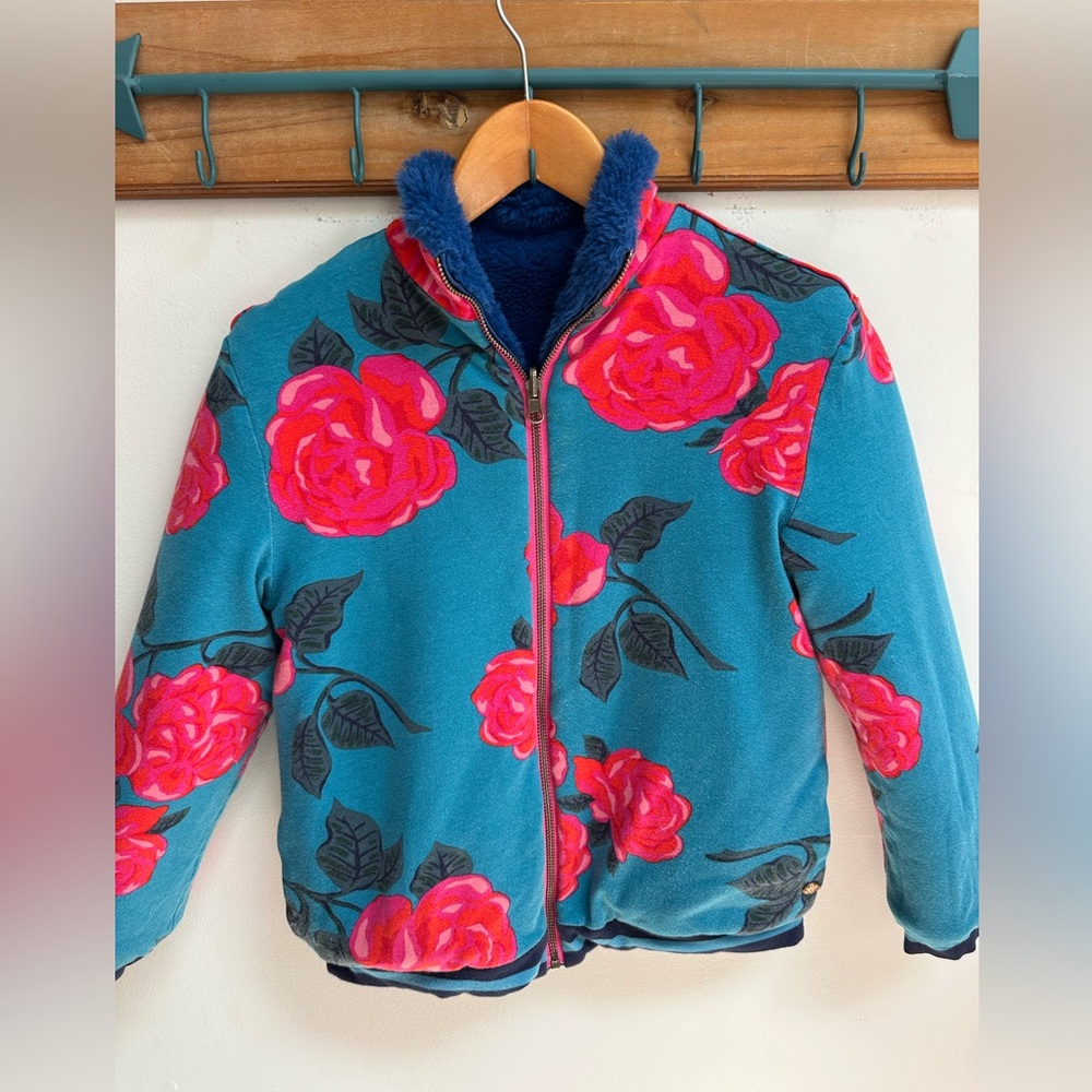 Matilda Jane reversible sleigh ride rosey floral and blue fuzzy jacket size 12 - Picture 3 of 11